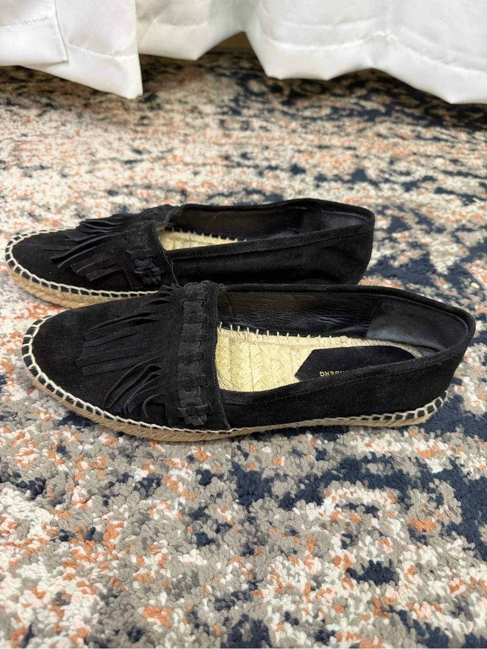 Diane von Furstenberg ‘Cadah’ Black Suede Fringe Trim Espadrilles Flats Size 9